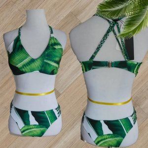 GREEN LEAF PRINT TWO PIECE SWIMSUIT